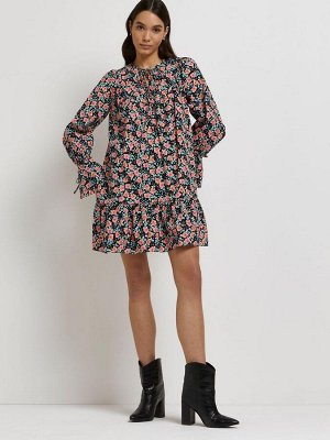 Черное мини-платье River Island с цветочным принтом и завязкой на шее