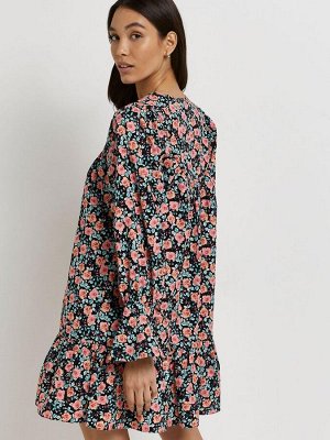 Черное мини-платье River Island с цветочным принтом и завязкой на шее