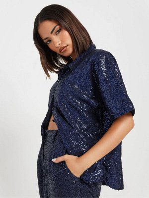 Синяя рубашка PixieGirl Petite с короткими рукавами и пайетками