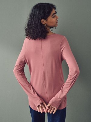 Футболка Rose Pink с принтом, V-образным вырезом и длинными рукавами