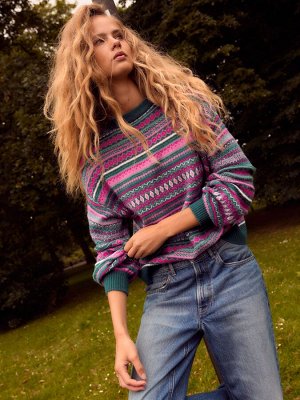 Вязаный джемпер Teal Blue - Fairisle Pattern Striped с круглым вырезом