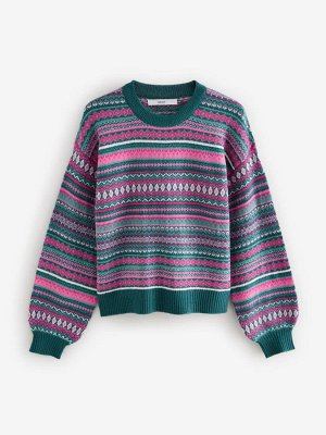 Вязаный джемпер Teal Blue - Fairisle Pattern Striped с круглым вырезом