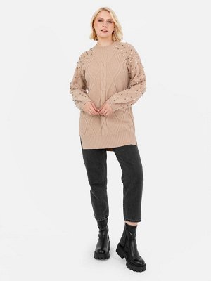 Коричневый - Lovedrobe Pearl Embellided Long Cable Knit Jacker