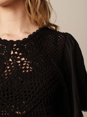 Черный - вязаный крючком топ с короткими рукавами