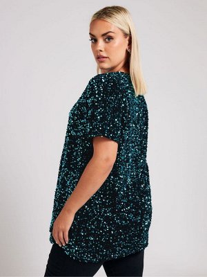 Футболка из бархата с пайетками от Yours Curve London синего цвета