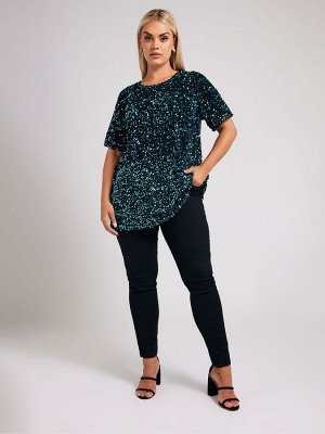 Футболка из бархата с пайетками от Yours Curve London синего цвета