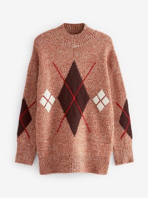 Коричневый узор Argyle - удлиненный джемпер с высоким воротом