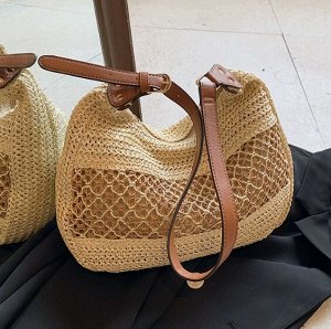 Плетеная соломенная сумка через плечо, бежевая