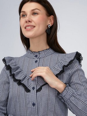 Блузка из хлопка с кружевом OD-896-2 сине- белая мелкая клетка