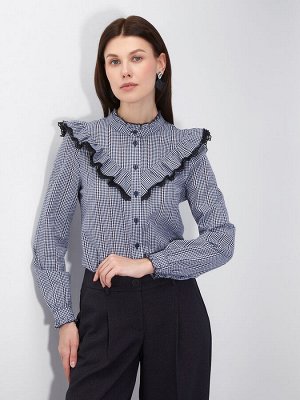 Блузка из хлопка с кружевом OD-896-2 сине- белая мелкая клетка