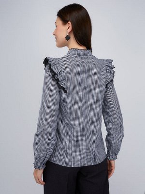 Блузка из хлопка с кружевом OD-896-2 сине- белая мелкая клетка