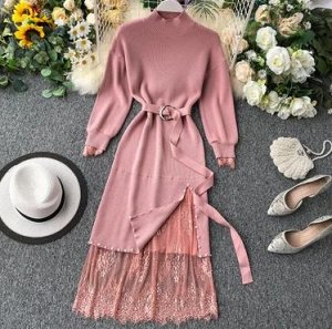 Платье с бусами,розовый