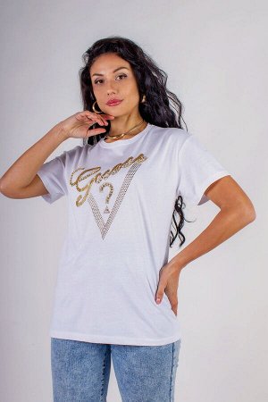 Футболка "Guess" с треугольником стразы, камешки, бусины