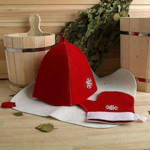 Набор банный подарочный "Зимушка" ( коврик, рукавица, шапка), войлок, красная