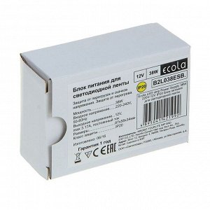 Блок питания Ecola, для светодиодной ленты, 38 Вт, 220-12 В, IP20
