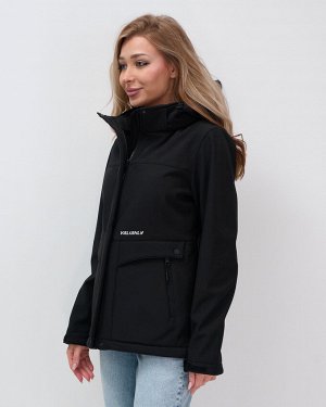 Ветровка спортивная женская с капюшоном softshell черного цвета 9566Ch