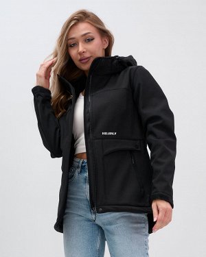 Ветровка спортивная женская с капюшоном softshell черного цвета 9566Ch