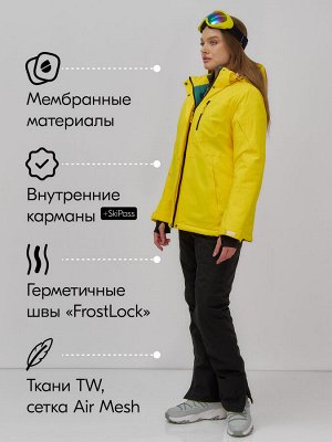 Горнолыжный костюм женский зимний желтого цвета 07015J