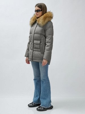 Куртка женская зимняя с мехом енот премиум класса серого цвета 3215Sr