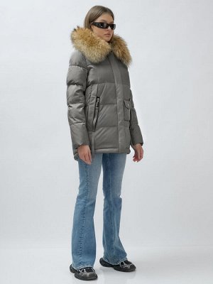 Куртка женская зимняя с мехом енот премиум класса серого цвета 3215Sr