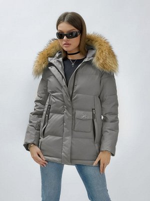 Куртка женская зимняя с мехом енот премиум класса серого цвета 3215Sr