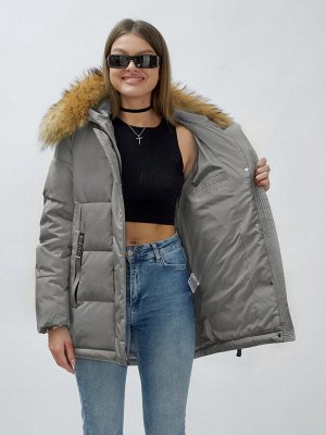 Куртка женская зимняя с мехом енот премиум класса серого цвета 3215Sr