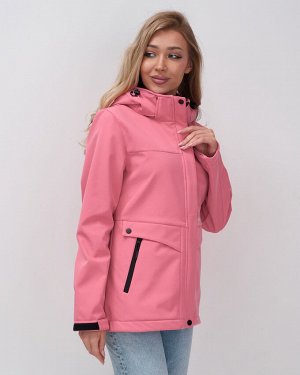 Ветровка спортивная женская с капюшоном softshell розового цвета 9566R