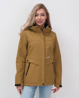 Ветровка спортивная женская с капюшоном softshell горчичного цвета 9566G