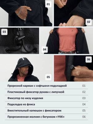 Ветровка спортивная мужская с капюшоном softshell черного цвета 9563Ch