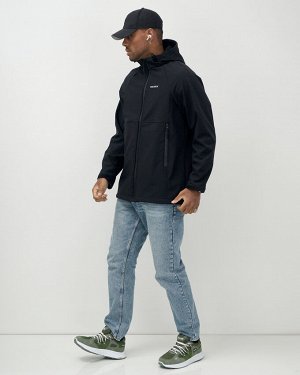 Ветровка спортивная мужская с капюшоном softshell черного цвета 9563Ch