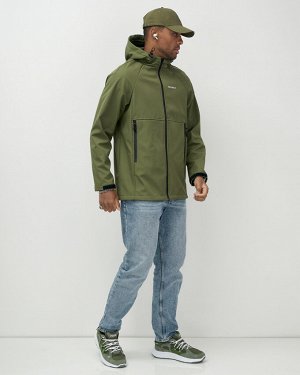 Ветровка спортивная мужская с капюшоном softshell цвета хаки 9563Kh