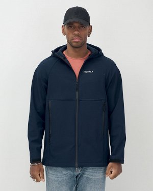 Ветровка спортивная мужская с капюшоном softshell темно-синего цвета 9563TS