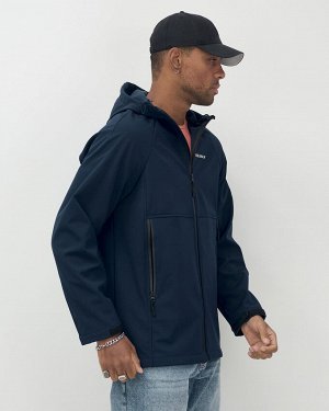 Ветровка спортивная мужская с капюшоном softshell темно-синего цвета 9563TS