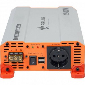 Инвертор напряжения Airline, 24В(DC)→220В(AC), 50Гц, 1500Вт, (+2xUSB 5В), арт. API-1500-10