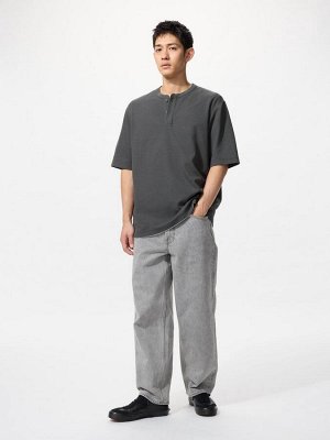 UNIQLO - вафельная футболка с воротником-хенли - 57 OLIVE