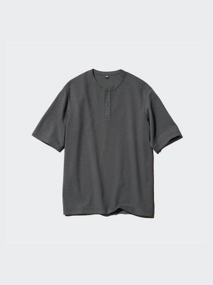 UNIQLO - вафельная футболка с воротником-хенли - 57 OLIVE