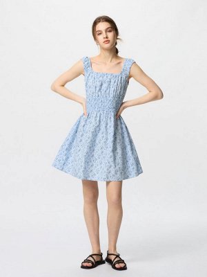 UNIQLO - цветочное мини-платье из хлопка со сборками - 60 LIGHTBLUE