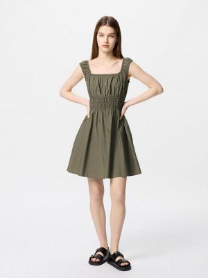 UNIQLO - однотонное мини-платье из хлопка со сборками - 56 OLIVE