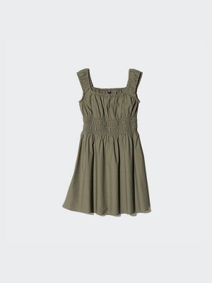UNIQLO - однотонное мини-платье из хлопка со сборками - 56 OLIVE