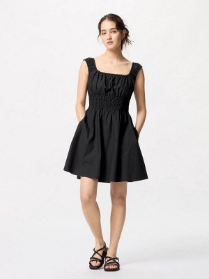 UNIQLO - однотонное мини-платье из хлопка со сборками - 09 BLACK