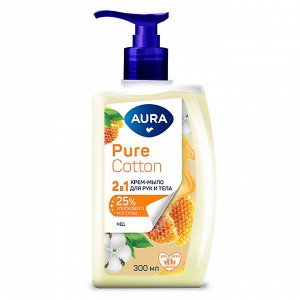 Крем-мыло 2в1 для рук и тела Хлопок и мёд Aura Pure Cotton флакон/дозатор 300 мл