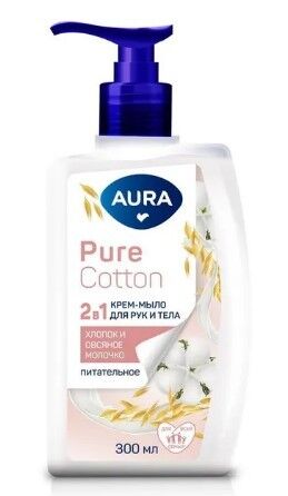 Крем-мыло 2в1 для рук и тела Хлопок и овсяное молочко Aura Pure Cotton флакон/дозатор 300 мл