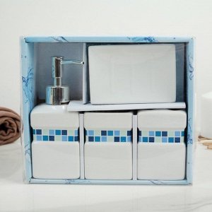 Набор аксессуаров для ванной комнаты «Плитка», 4 предмета (дозатор 350 мл, мыльница, 2 стакана), цвет синий