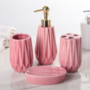 Набор аксессуаров для ванной комнаты «Струна», 4 предмета (дозатор 300 мл, мыльница, 2 стакана), цвет розовый