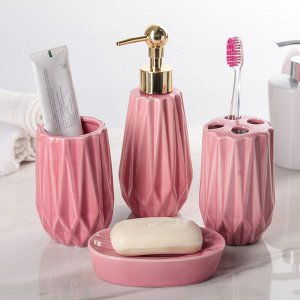 Набор аксессуаров для ванной комнаты «Струна», 4 предмета (дозатор 300 мл, мыльница, 2 стакана), цвет розовый