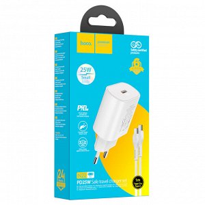 Сетевое зарядное устройство HOCO N22 Jetta 1xUSB-C с Кабелем Type-C - Type-C, 25W, белый