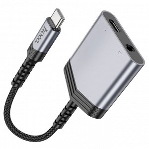 Переходник/Адаптер HOCO LS39 Type-C (m) - Jack 3.5 (f) / Type-C (f), 8 см, серый металлик