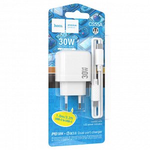 Сетевое зарядное устройство HOCO CS55A Surplus 1xUSB + 1xUSB-C с Кабелем Type-C - Type-C, 30W, белый
