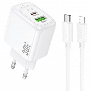 Сетевое зарядное устройство HOCO CS55A Surplus 1xUSB + 1xUSB-C с Кабелем Type-C - Lightning, 30W, белый