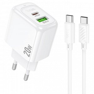 Сетевое зарядное устройство HOCO CS54A Surplus 1xUSB + 1xUSB-C с Кабелем Type-C - Type-C, 20W, белый
